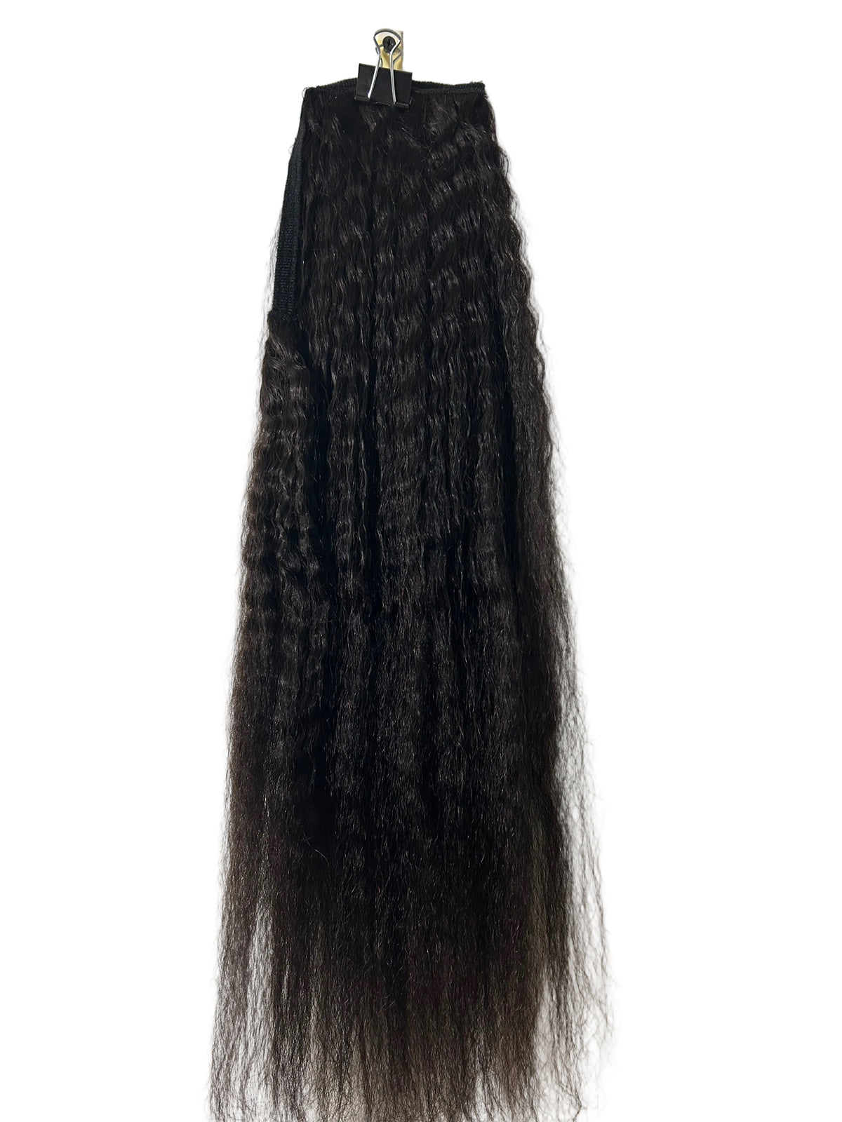 Long, Natural look Kinky Straight black hair extensions hanging from a metal clip against a plain white background.