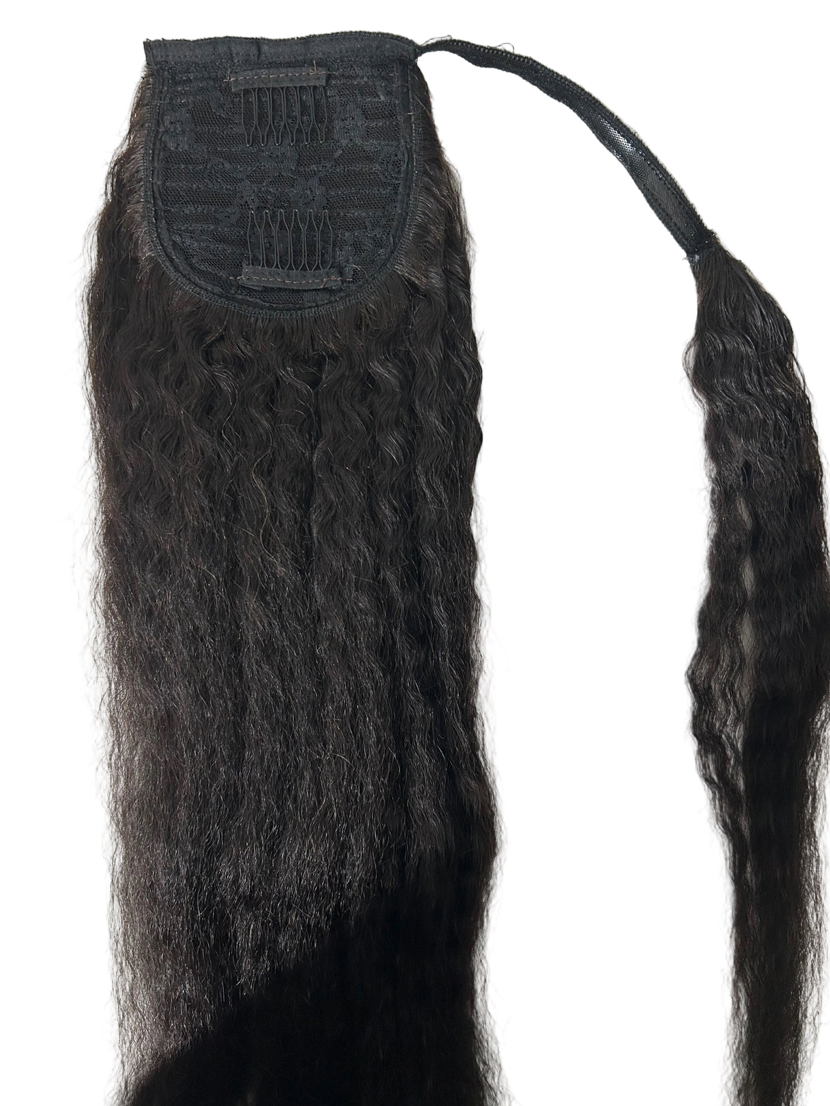 Back of a black kinky straight wrap-around ponytail extension, showing two attachment combs and the wrap-around strand